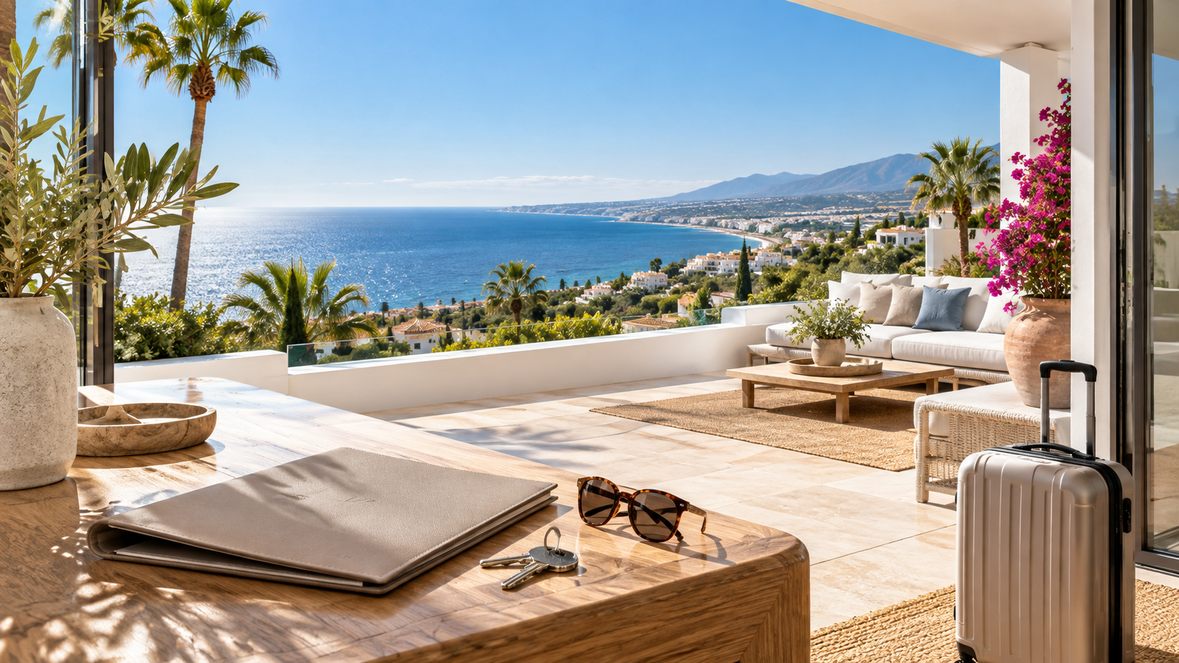 Property folder, keys and travel case on a Mediterranean terrace overlooking Costa del Sol homes and the sea